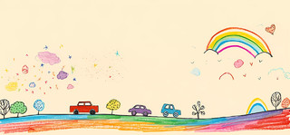 幼儿园清新黄色卡通淡雅手绘汽车彩虹树木云彩背景